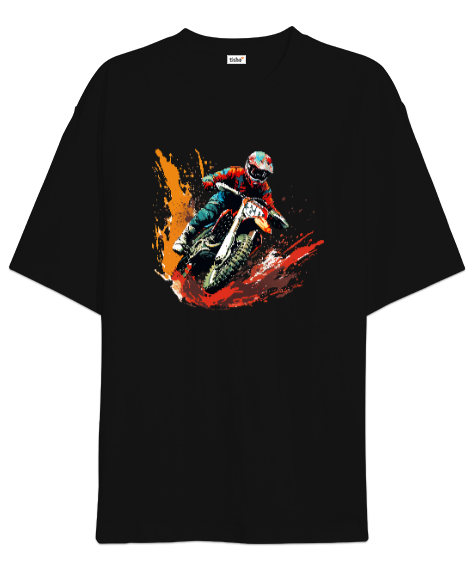 Tisho - Extreme Motosiklet Yarışı - Motocross Siyah Oversize Unisex Tişört