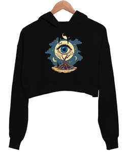 Eye And Moon Siyah Kadın Crop Hoodie Kapüşonlu Sweatshirt