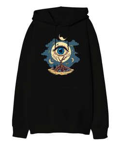 Eye And Moon Siyah Oversize Unisex Kapüşonlu Sweatshirt