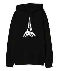 Eyfel Kulesi - Eiffel - Paris Siyah Oversize Unisex Kapüşonlu Sweatshirt