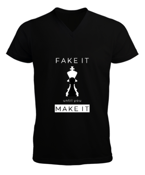 Tisho - Fake it until you make it - Satranç Siyah Erkek Kısa Kol V Yaka Tişört