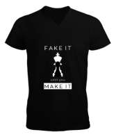 Fake it until you make it - Satranç Siyah Erkek Kısa Kol V Yaka Tişört - Thumbnail