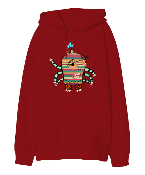 Fantastic Monster Kırmızı Oversize Unisex Kapüşonlu Sweatshirt