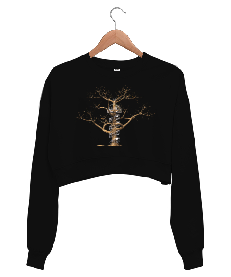 Fantastik Ağaç Siyah Kadın Crop Sweatshirt