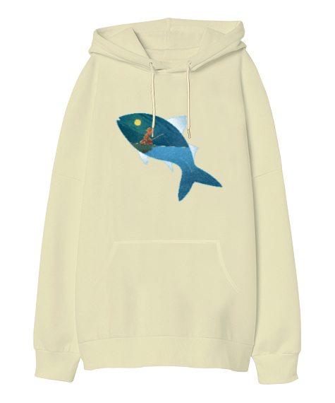 Fantastik - Balık Tutmak Krem Oversize Unisex Kapüşonlu Sweatshirt