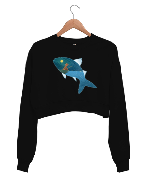 Fantastik - Balık Tutmak Siyah Kadın Crop Sweatshirt