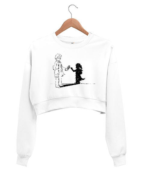 Fantastik Çizim Beyaz Kadın Crop Sweatshirt