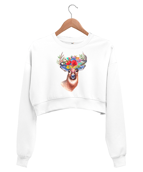 Fantastik Geyik - Fantastic Deer Beyaz Kadın Crop Sweatshirt