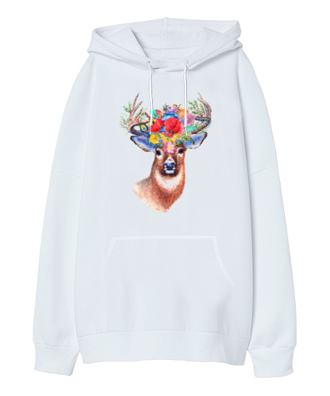 Fantastik Geyik - Fantastic Deer Beyaz Oversize Unisex Kapüşonlu Sweatshirt