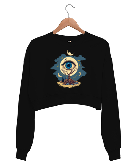 Fantastik Göz - Fantastic Eye Siyah Kadın Crop Sweatshirt