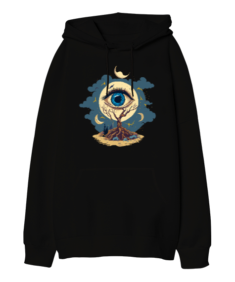 Fantastik Göz - Fantastic Eye Siyah Oversize Unisex Kapüşonlu Sweatshirt