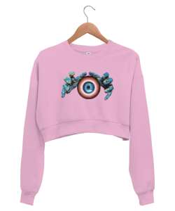 Fantastik Göz ve Eller Pembe Kadın Crop Sweatshirt