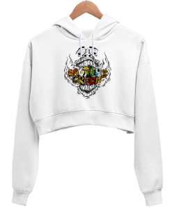 Fantastik Surat Beyaz Kadın Crop Hoodie Kapüşonlu Sweatshirt