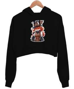 Fantastik Tilki Siyah Kadın Crop Hoodie Kapüşonlu Sweatshirt