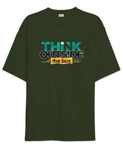 Farklı Düşün - Think Outside The Box Haki Yeşili Oversize Unisex Tişört