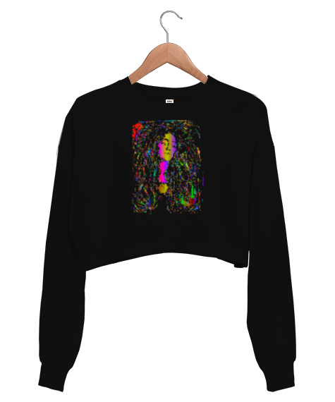 Female Silhouette - Renkli Silüet Siyah Kadın Crop Sweatshirt