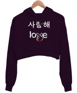 Finger Heart - K-POP Koyu Mor Kadın Crop Hoodie Kapüşonlu Sweatshirt