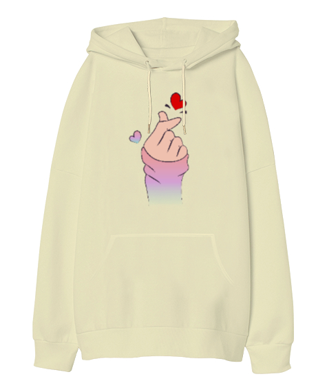 Finger Heart Kpop Krem Oversize Unisex Kapüşonlu Sweatshirt