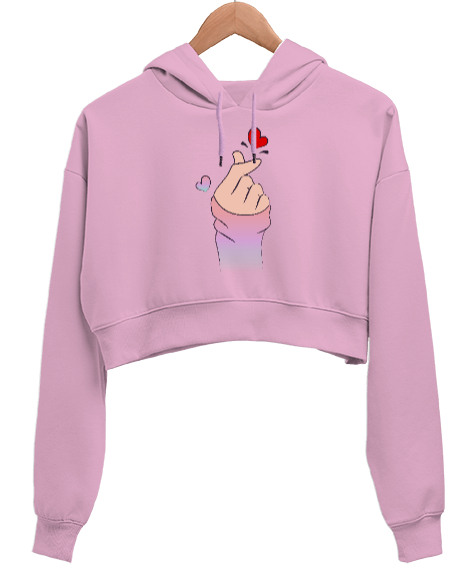 Finger Heart Kpop Pembe Kadın Crop Hoodie Kapüşonlu Sweatshirt