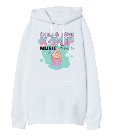 Finger Kpop Music - K-pop Beyaz Oversize Unisex Kapüşonlu Sweatshirt