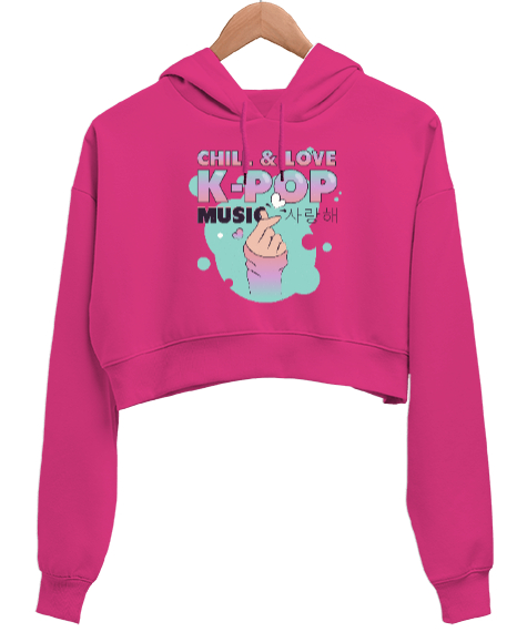 Finger Kpop Music - K-pop Fuşya Kadın Crop Hoodie Kapüşonlu Sweatshirt