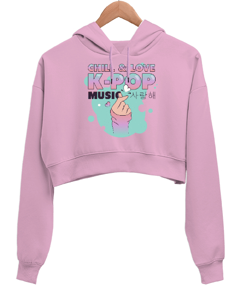 Finger Kpop Music - K-pop Pembe Kadın Crop Hoodie Kapüşonlu Sweatshirt