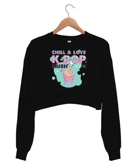 Finger Kpop Music - K-pop Siyah Kadın Crop Sweatshirt