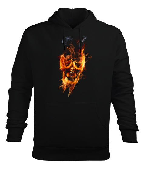 Fire Skull Siyah Erkek Kapüşonlu Hoodie Sweatshirt