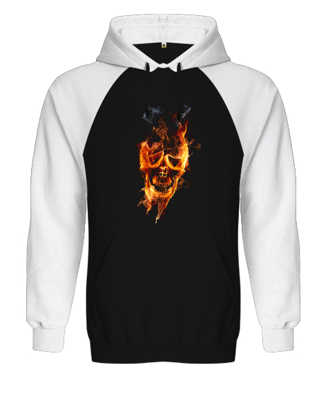 Fire Skull Siyah/Beyaz Orjinal Reglan Hoodie Unisex Sweatshirt