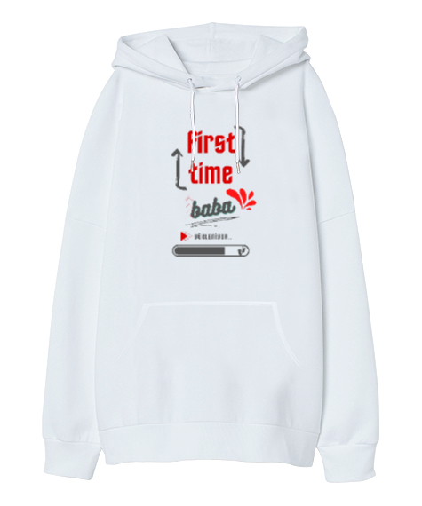 First Time Baba Beyaz Oversize Unisex Kapüşonlu Sweatshirt