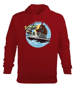 Fishing Bear Kırmızı Erkek Kapüşonlu Hoodie Sweatshirt