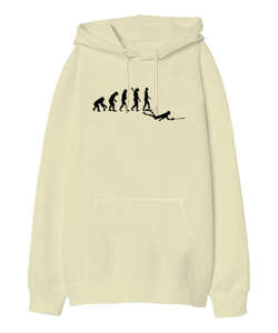 Fishing Evolution - Evrim- Krem Oversize Unisex Kapüşonlu Sweatshirt