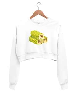 Fıstıklı lokum baskılı Beyaz Kadın Crop Sweatshirt