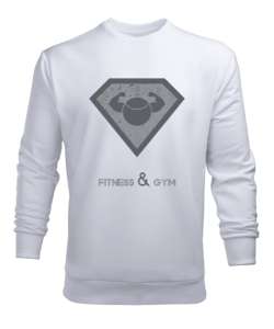 Fitness Gym Spor Salonu Simgesi ve Yazı Sanatı Beyaz Erkek Sweatshirt