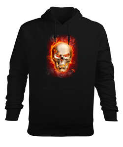 Flame Skull Siyah Erkek Kapüşonlu Hoodie Sweatshirt