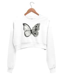 Floral Butterfly - Kelebek Beyaz Kadın Crop Sweatshirt