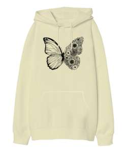 Floral Butterfly - Kelebek Krem Oversize Unisex Kapüşonlu Sweatshirt