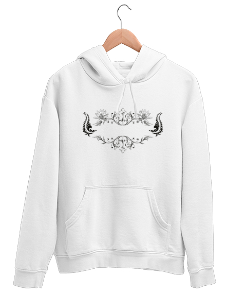 Tisho - Floral Desen Çizim Beyaz Unisex Kapşonlu Sweatshirt