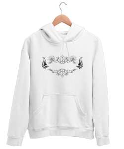 Floral Desen Çizim Beyaz Unisex Kapşonlu Sweatshirt