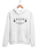 Floral Desen Çizim Beyaz Unisex Kapşonlu Sweatshirt - Thumbnail