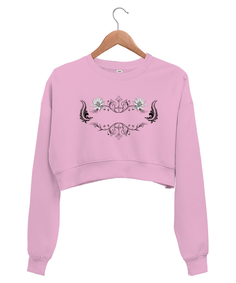 Tisho - Floral Desen Çizim Pembe Kadın Crop Sweatshirt