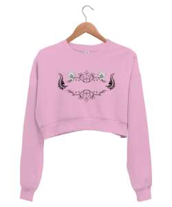 Floral Desen Çizim Pembe Kadın Crop Sweatshirt