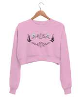 Floral Desen Çizim Pembe Kadın Crop Sweatshirt - Thumbnail