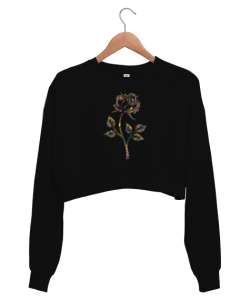 Floral Rose - Renkli Gül Siyah Kadın Crop Sweatshirt