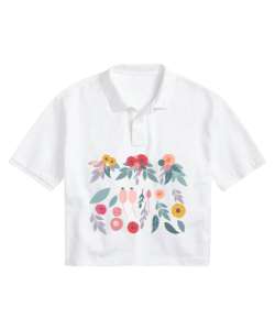 Flower Beyaz Kadın Crop Polo Yaka Tişört