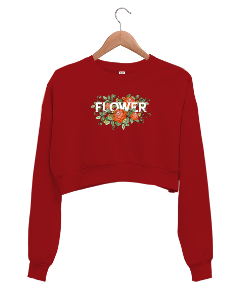 Tisho - Flower - Çiçek- Güller Kırmızı Kadın Crop Sweatshirt