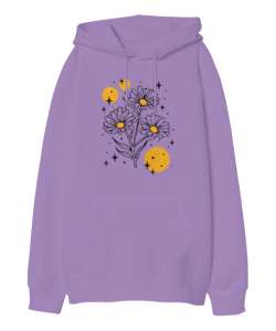 Flowers - Çiçekler Lila Oversize Unisex Kapüşonlu Sweatshirt