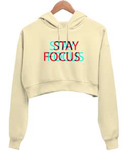 Focus Krem Kadın Crop Hoodie Kapüşonlu Sweatshirt