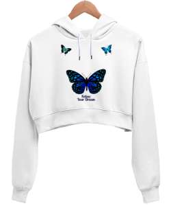 Follow your dream Beyaz Kadın Crop Hoodie Kapüşonlu Sweatshirt