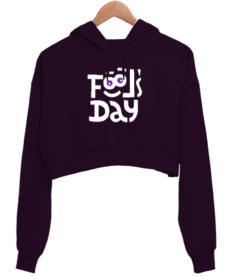 Tisho - Fools Day - Komik Bakışlar - 1 Nisan Koyu Mor Kadın Crop Hoodie Kapüşonlu Sweatshirt